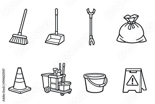 Cleaning and janitorial supplies arranged on gray background