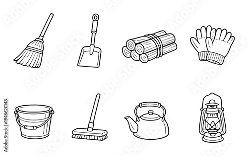 Household tools and cleaning items arranged on dark background