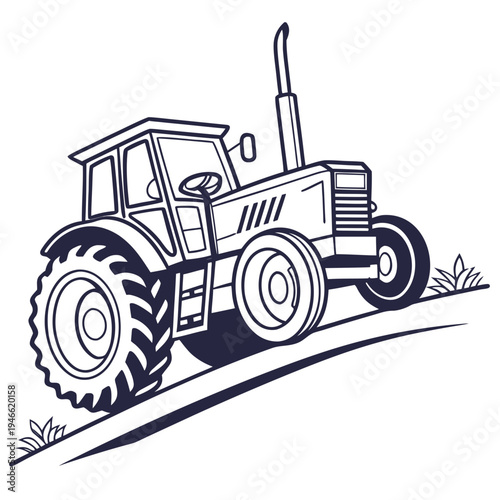 Tractor illustration on grassy hill, farm transport, farming equipment