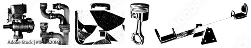 Mechanical rendered in vector halftone, including piston, pipe fittings, and seesaw, technical drawings, engineering elements, mechanical design.