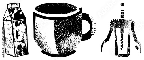 Classic halftone print of dairy carton, ceramic mug, and wine opener, vintage vector illustration, textured art, retro kitchen essentials.