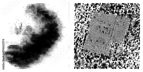 Vector halftone with varying dot density creating gradient effect, ideal for print and digital design, abstract texture, typographic background, pixel art style.