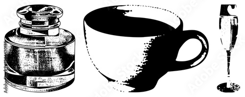 Classic inkwell with cap, ceramic coffee cup, champagne flute glass, halftone illustration, vintage design, isolated objects, artistic render.