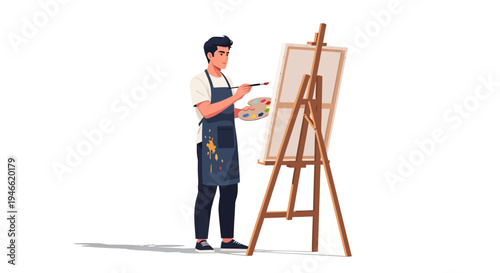 Man Painting on Easel with Brush.