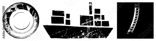 Stylized cargo ship silhouette with containers, ship hull, ladder cutout, vector illustration, industrial design, maritime.