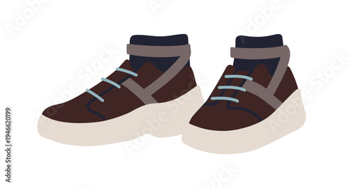 Sneakers pair, comfortable sports shoes. Fashion footwear, high-top trainers. Sportswear, foot wear in modern casual sporty style. Flat vector illustration isolated on white background