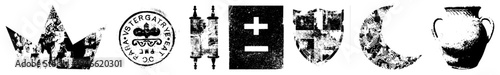 Distressed emblem set featuring crown, Torah scroll, shield, moon, and urn, textured, historical motifs with worn typography.