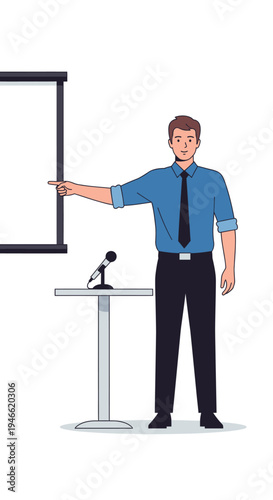 Man Standing at Podium with Microphone.