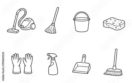 Cleaning tools icons arranged on dark gradient background