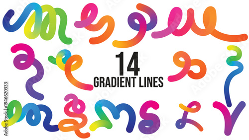 Abstract Color Lines Set 3D Wave Shape Lines with Gradient Vector Swirl Rainbow Ribbon Pattern.