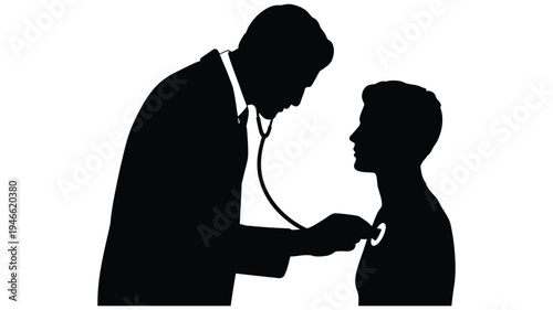 Doctor examining patient silhouette in minimalist black and white illustration for medical icon, professional healthcare checkup scene with physician assessing patient, clean minimal vector symbol