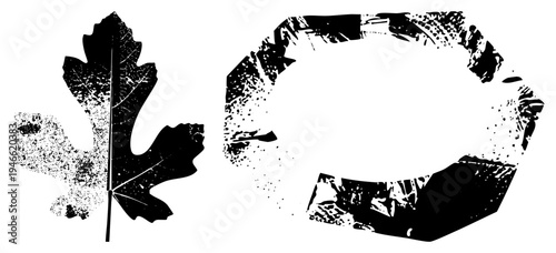 Black and white vector leaf silhouette with vein, paired with a distressed circular frame, both featuring gritty halftone textures for graphic design use.