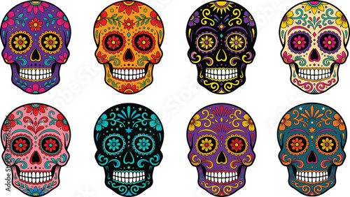 Sugar skulls illustration, Día de los Muertos art, Mexican holiday decoration, colorful skull vector, cultural celebration design, floral geometric pattern graphic