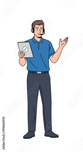 Man Wearing Headset Holding Paper and Phone.