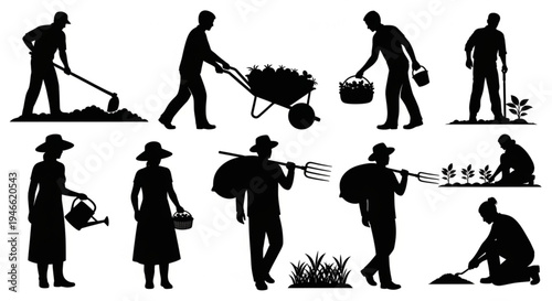 Silhouetted Farmers and Gardeners Working in Fields and Gardens.