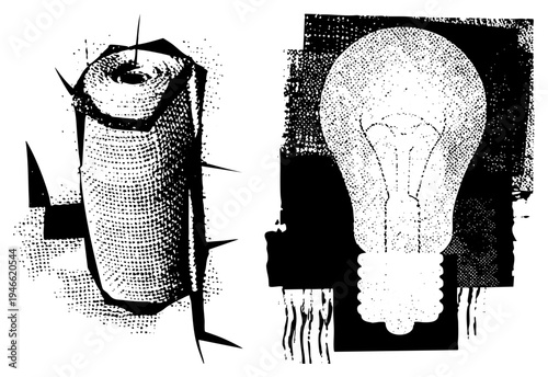 Retro halftone illustrations of electric bulb and cylindrical battery, stylized tech symbols, graphic design, industrial.