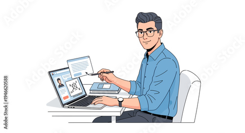 Man Working on Laptop at Desk.