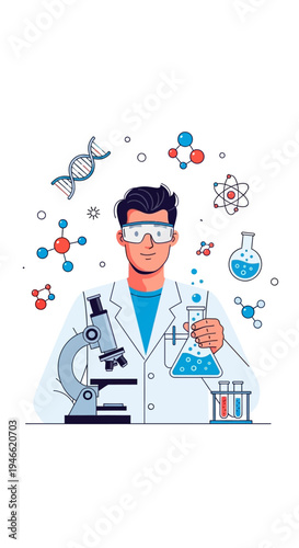 Scientist Examining Chemicals with Microscope and Beakers.