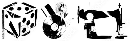 Retro gaming die with pips, spinning vinyl record with stylus, classic sewing machine, vector art, isolated, stylized tools.