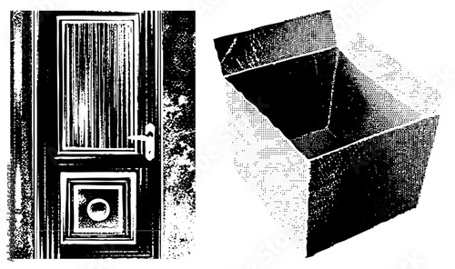 Classic wooden door featuring vertical grooves, round knocker, and geometric frame, rendered in halftone style. Synonyms antique entryway, traditional door panel, textured door design.