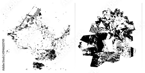 Bold black and white graphic design with broken polygonal forms, halftone grain overlay, digital glitch art, vector abstract composition.