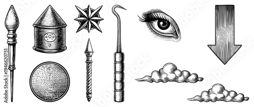 Classic engraved illustrations mystical eye, clouds, arcane tools, compass, and arrow, rendered in vintage art style.