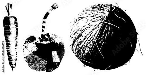 Black and white halftone stylized vegetables and sweets, graphic design elements, food, vector art, isolated objects, retro print, stylized textures.