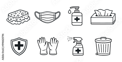 Cleaning and hygiene icons arranged on gray background