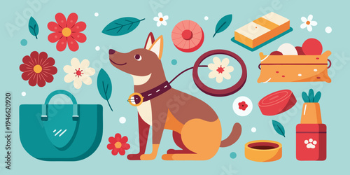 Illustrated dog walking and feeding accessories set with a collar, leash, frisbee, treat bag, food bowl, and a blooming flower branch on display