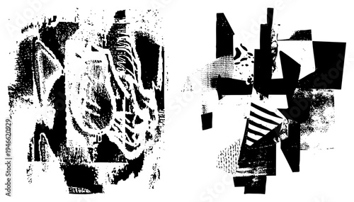 Bold black shapes layered over textured halftone grids, graphic design elements, modern art composition, digital illustration, abstract, vector abstraction, stylized composition.