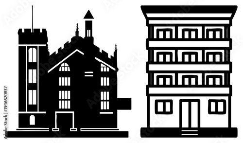 Black silhouette of historic with turrets and windows beside modern apartment building with balconies, vector art, architectural contrast.