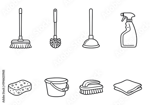 Bathroom and floor cleaning tools arranged on gray background