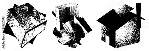 Isometric geometric cubes with halftone shading, vector art, black and white graphic, stylized 3D shapes, minimalist design, dot matrix texture, isolated forms.