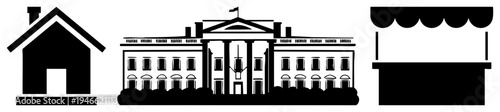 Simplified black vector of residential house, presidential residence, and vendor stall. Minimalist architectural for design use.