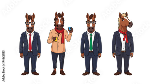 Anthropomorphic Horse Characters Set: Business Professionals and Casual Style Illustration