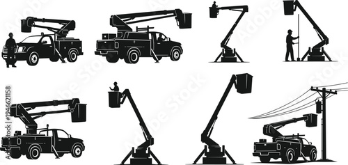 Aerial work platform silhouettes set featuring bucket trucks, cherry pickers, hydraulic man lifts, and utility service vehicles for high altitude maintenance tasks.