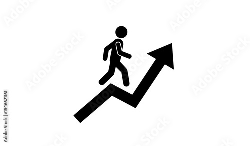 Business growth concept person walking on rising arrow graph black vector icon