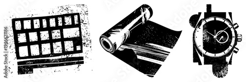 Retro keyboard with textured keys, film roll with grainy surface, analog watch with chronograph dials, all in distressed vector art. Synonyms typewriter keys, celluloid reel, stopwatch watch.