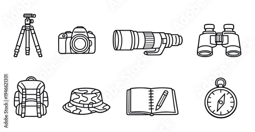 Photography and outdoor field gear displayed on dark background