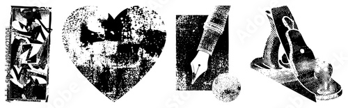 Halftone vector graffiti, heart, hand with pen, woodworking plane bold, isolated, stylized tools, art symbols.
