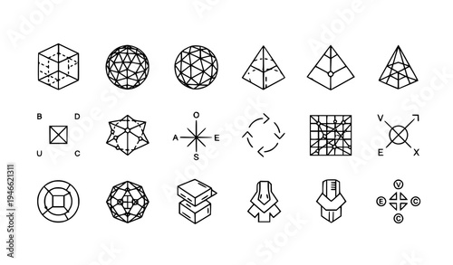 Monochrome 3D modeling icon set wireframe objects and design tool vector collection