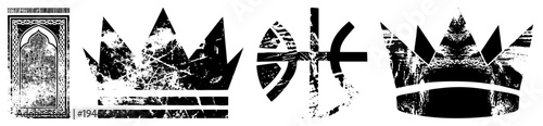 Stylized crown and ornamental arch with distressed texture, graphic design elements, symbols, vintage typography, emblematic shapes.