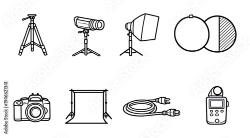 Studio lighting and dslr support icons on dark backdrop