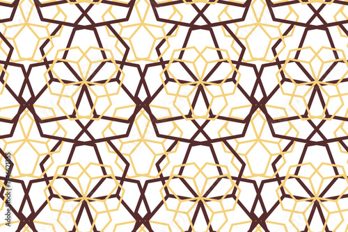 Modern seamless geometric pattern featuring intricate yellow and dark brown kaleidoscopic star motifs. Ideal for elegant textiles and sophisticated branding.