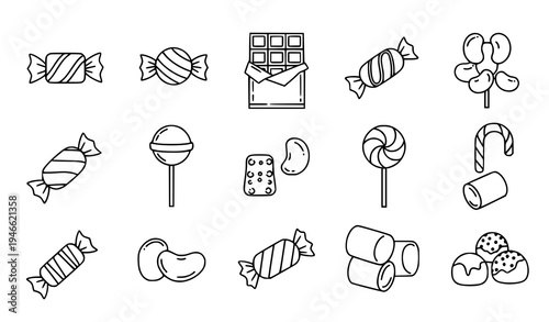 Sweet candy outline icons thin line confectionery vector collection