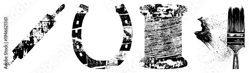 Rustic rolling pin, thread spool, paintbrush rendered in distressed halftone, craft tools, artistic supplies, vintage texture.