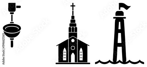 Church steeple with, lighthouse with flag, and plunger tool, minimalist vector, clean art, symbolic representation, public infrastructure, spiritual and maritime guidance.