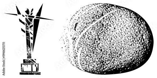 Stylized black and white abstract art featuring angular sculpture and textured oval, vector illustration, graphic design element, modern art composition.