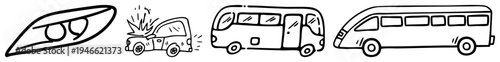 Simplified vehicle illustrations car headlight, crash scene, coach bus, modern coach, style, transportation symbols, road safety.