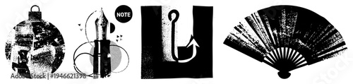 Classic holiday ornament, elegant fountain pen, fishing hook symbol, traditional folding fan stylized black and white vector with halftone textures and geometric shapes.
